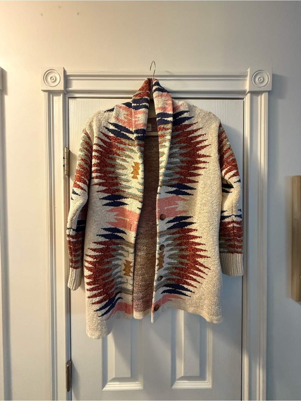 Lucky Brand Open-Front Aztec Cardigan in Cream, Rust & Navy